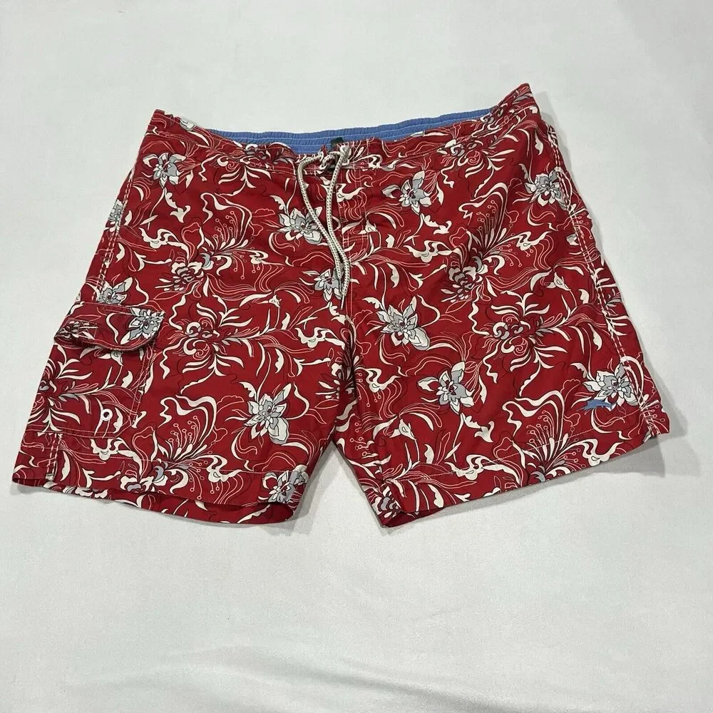 Tommy Bahama Swim Floral Cargo Water Shorts Men Red Mesh Lined Drawstring Sz 2XL